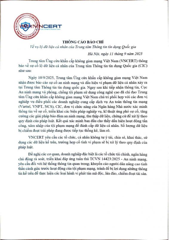 Thông cáo báo chí của Trung Tâm Thông Tin Tín Dụng Quốc Gia (CIC)
